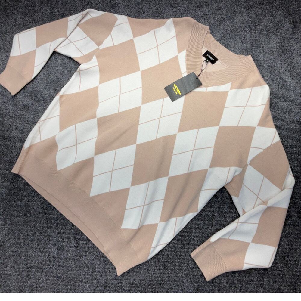 Krumba Collection NEW Beige Cream Argyle Sweater Men’s Medium V Neck